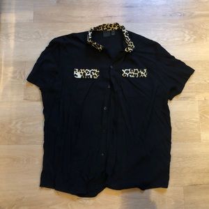 Black and leopard print short sleeve button up